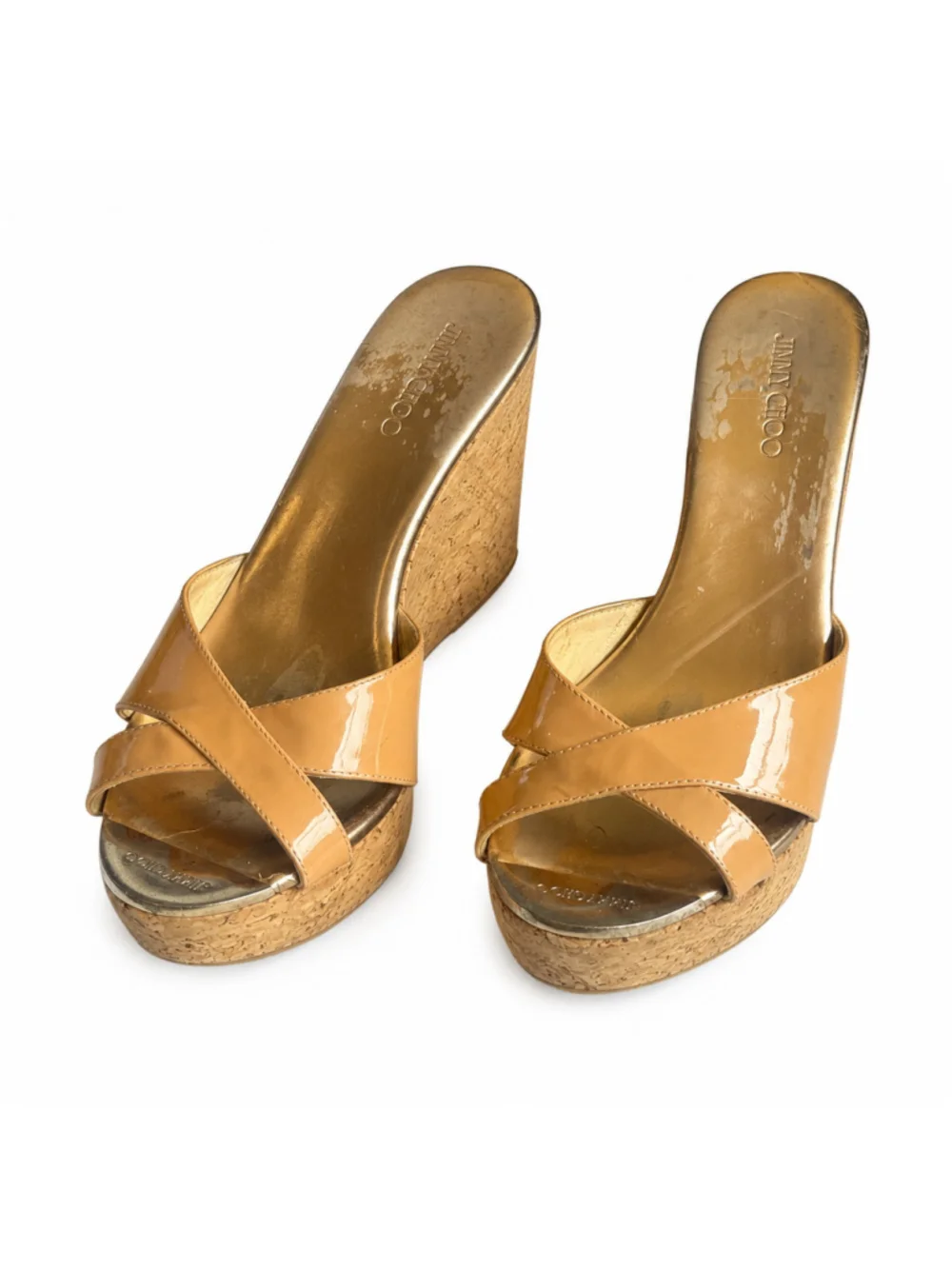 Jimmy Choo Nude Patent Leather Cork Wedge Slide Sandals Size 38 Spain US 8
